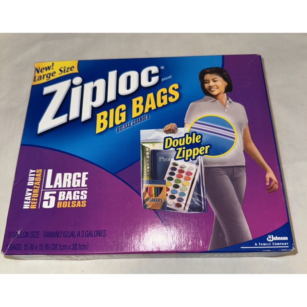 Ziploc BIG BAGS 5 COUNT LARGE 3 Gallon 15IN x 15IN Double Zipper NEW